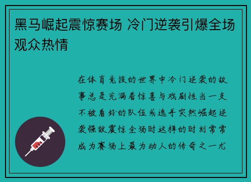 黑马崛起震惊赛场 冷门逆袭引爆全场观众热情