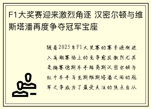 F1大奖赛迎来激烈角逐 汉密尔顿与维斯塔潘再度争夺冠军宝座